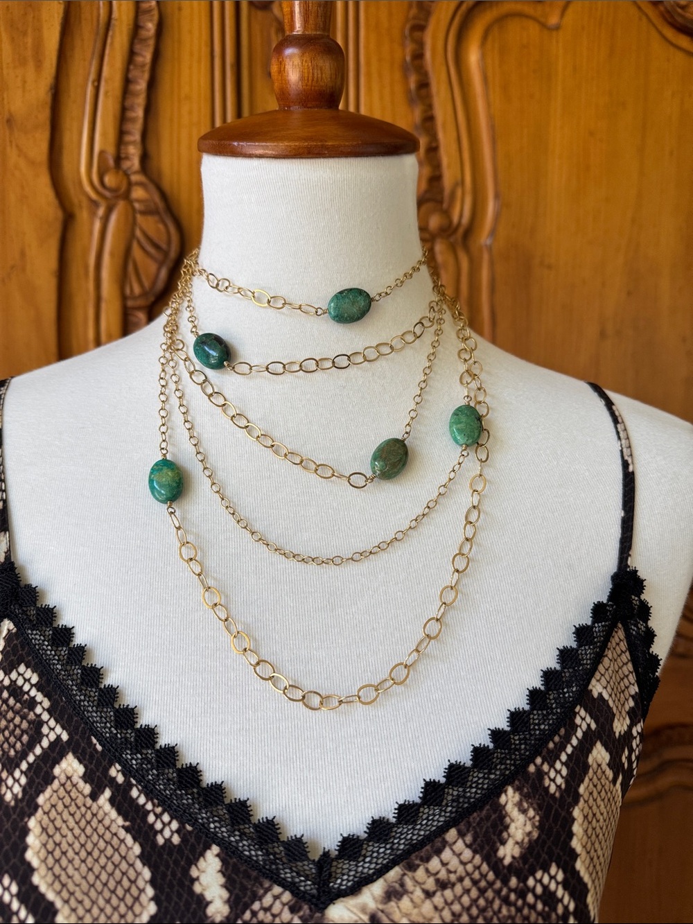 45” wrap around Multi-Layer Gold filled  Necklace with genuine turquoise stones.